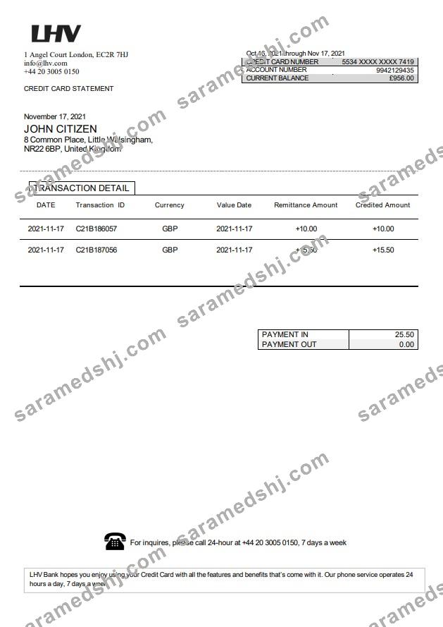 United Kingdom LHV Group bank statement in Word and PDF format